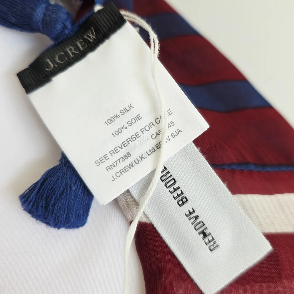 J. Crew 100% Silk Striped White/Blue/Wine Tasseled Infinity Scarf